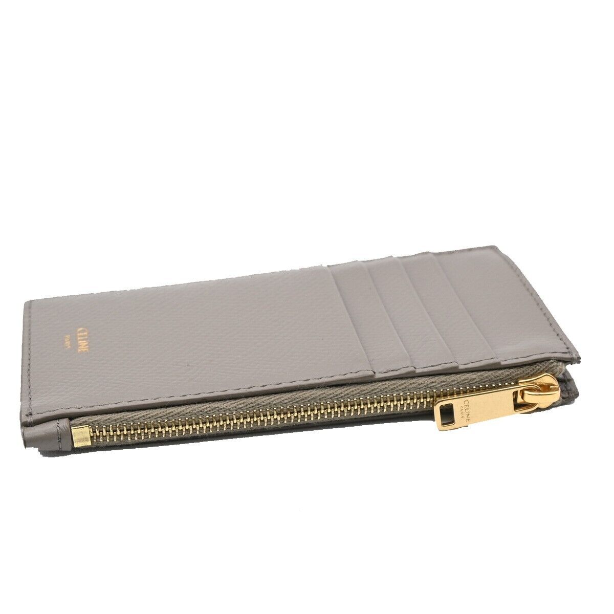 CELINE Logo Fragment Case Coin Zip Wallet Purse Leather Gray Gold Italy 36HB942