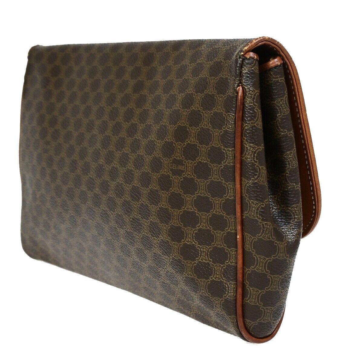 CELINE Logo Macadam Pattern Clutch Bag PVC Leather Brown GHW Italy 01EB540