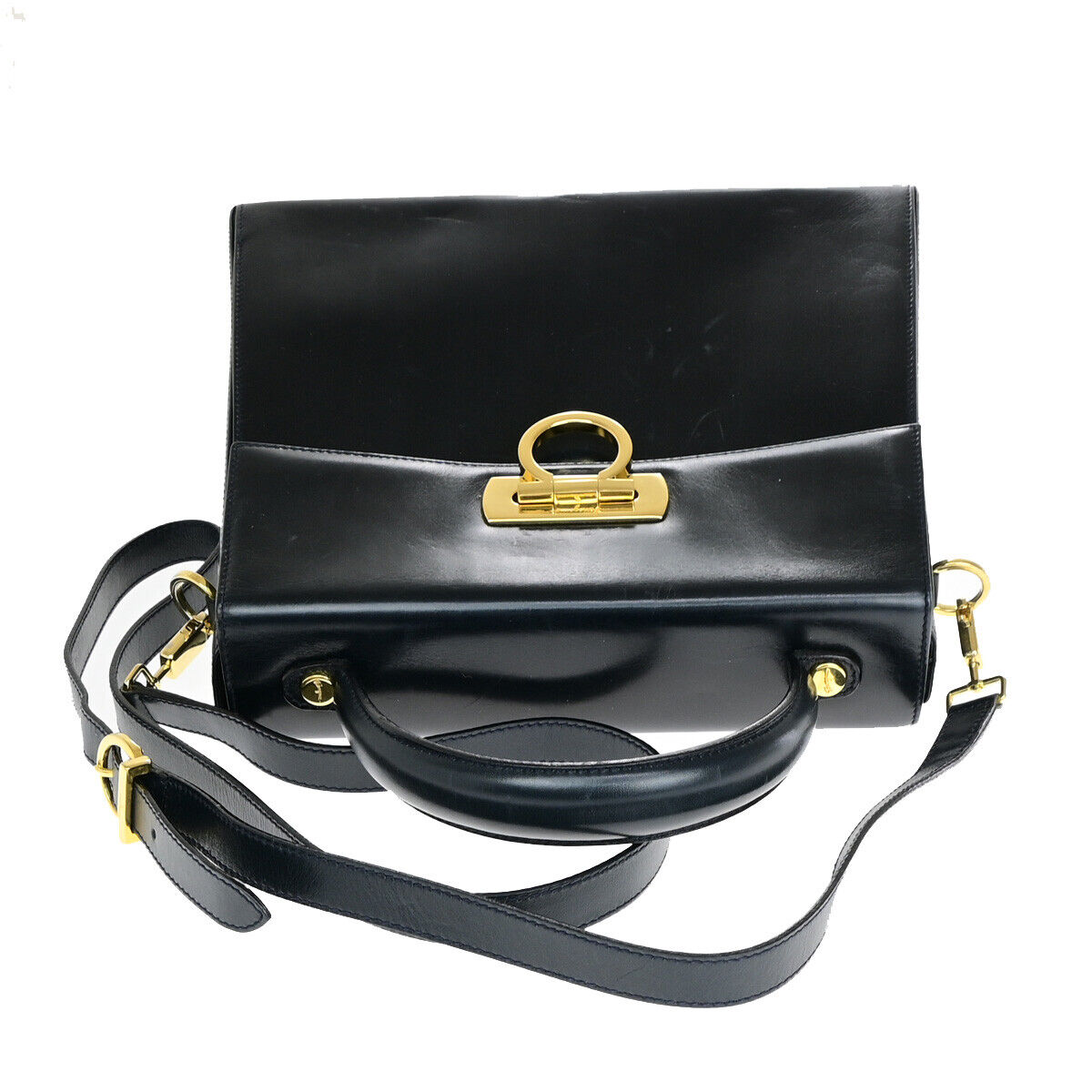 SALVATORE FERRAGAMO Logo Gancini 2Way Shoulder Hand Bag Leather Blue GHW 34YF576