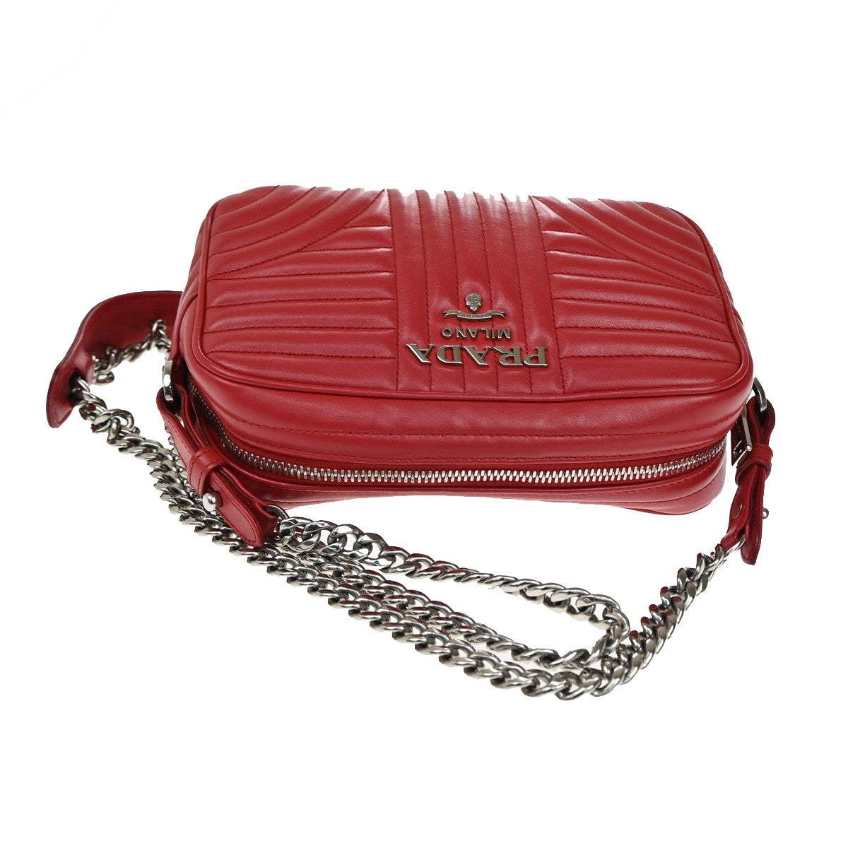 PRADA Logo Diagramme Mini Chain Shoulder Bag Leather Red SHW Italy 46RL099