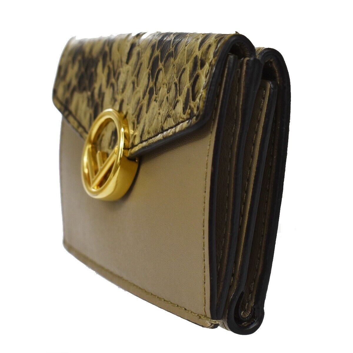 FENDI Logo F IS FENDI Compact Trifold Wallet Exotic Leather Brown Gold 64GA654