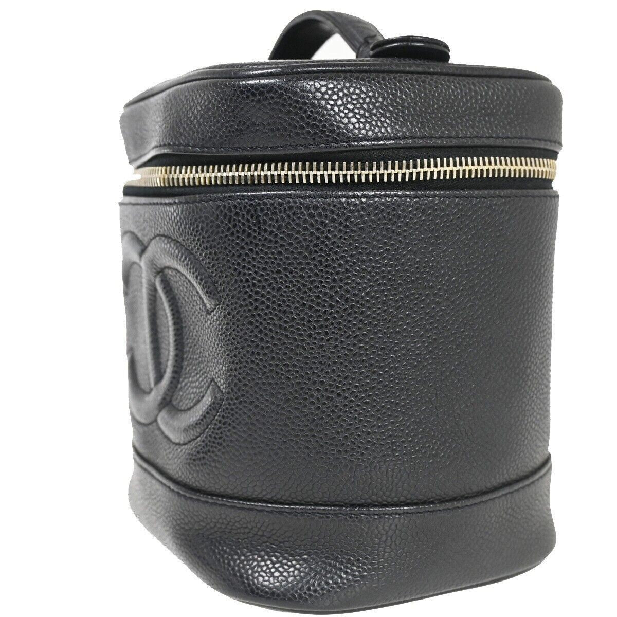 CHANEL CC Logo Cosmetic Vanity Hand Bag Grained Calfskin Leather Black 614RH061
