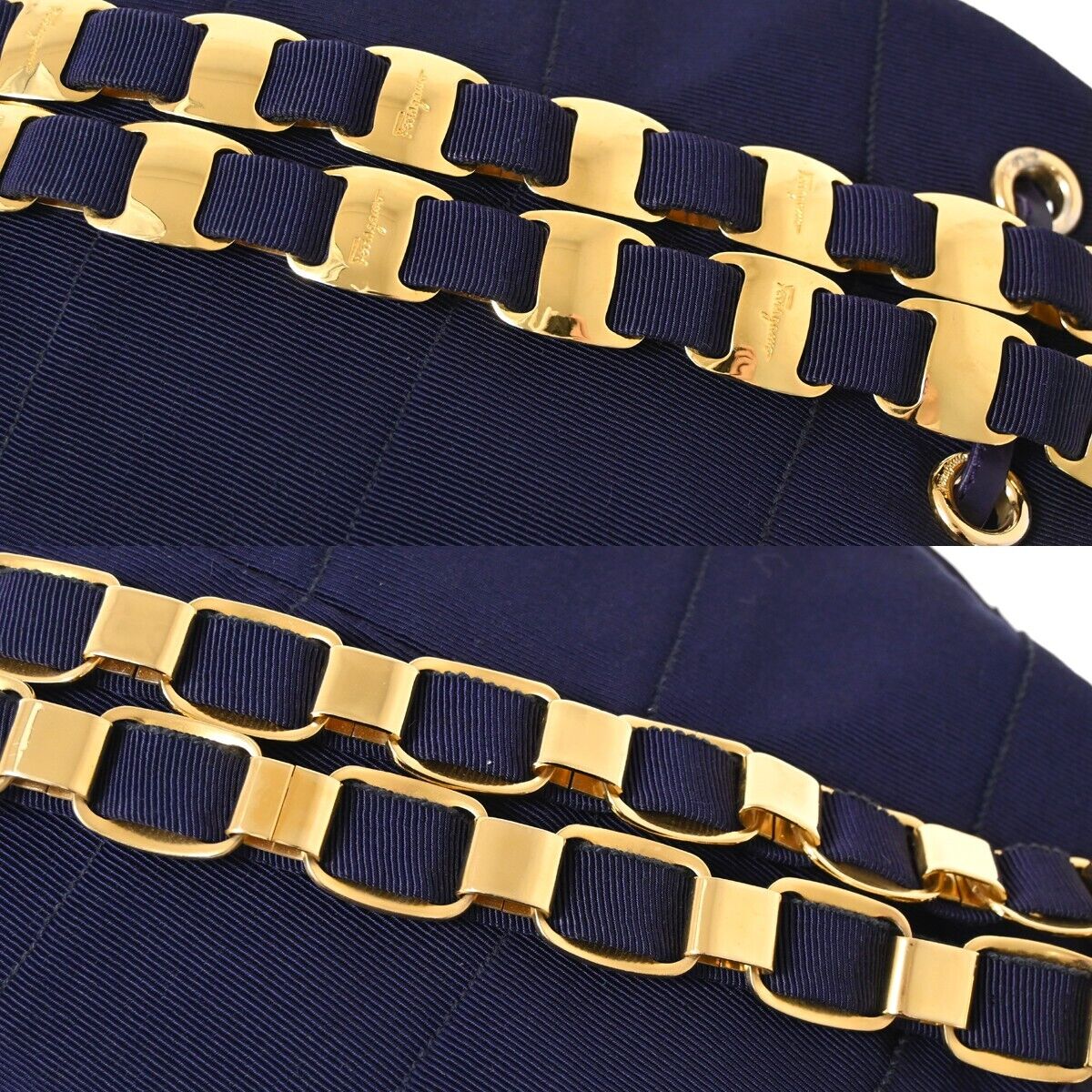 SALVATORE FERRAGAMO Vara Chain Bag Backpack Canvas Leather Navy Blue 63HB588