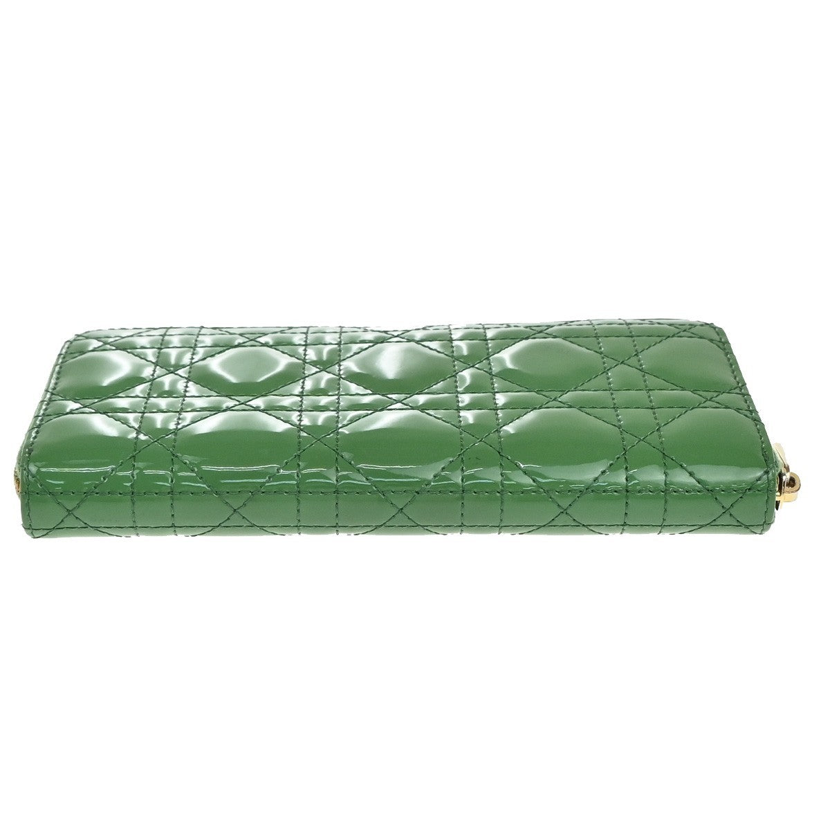 CHRISTIAN DIOR Logo Cannage Zip Around Long Wallet Patent Leather Green 36EG143