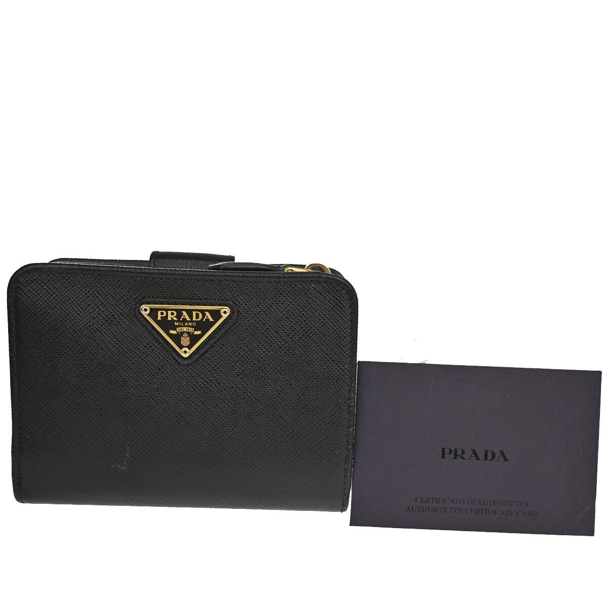 PRADA MILANO Bifold Wallet Purse Saffiano Leather Black Nero Gold Italy 86YD961
