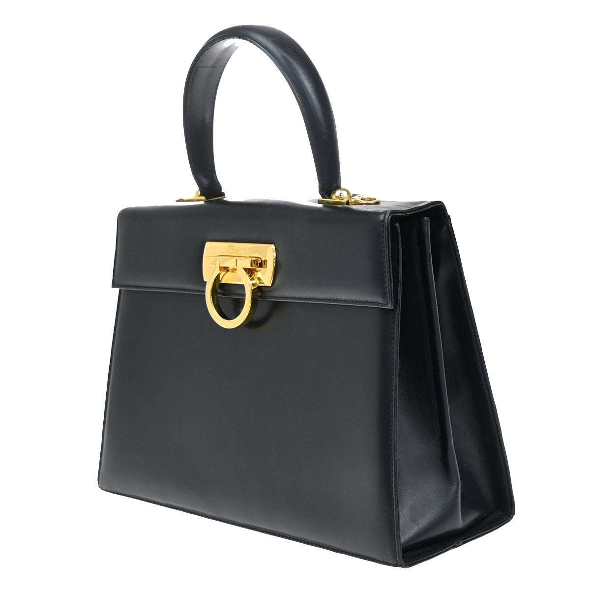 SALVATORE FERRAGAMO Logo Gancini Hand Bag Leather Navy Blue GHW Italy 67EF341