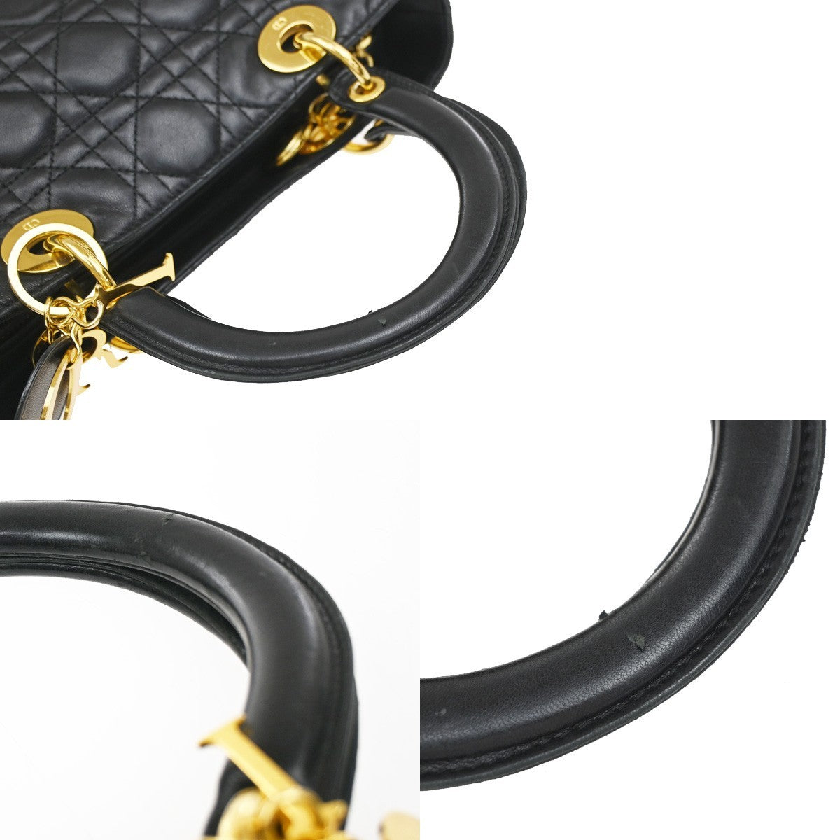 CHRISTIAN DIOR Lady Cannage Hand Tote Bag Leather Black Gold Italy 46RQ062