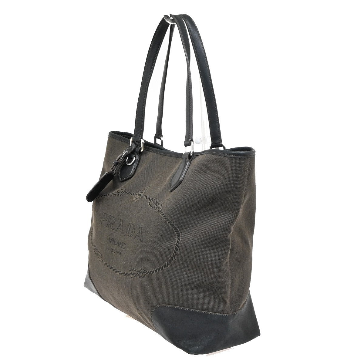 PRADA Logo Jacquard Shoulder Hand Bag Canvas Leather Brown Black GHW 64ZA263