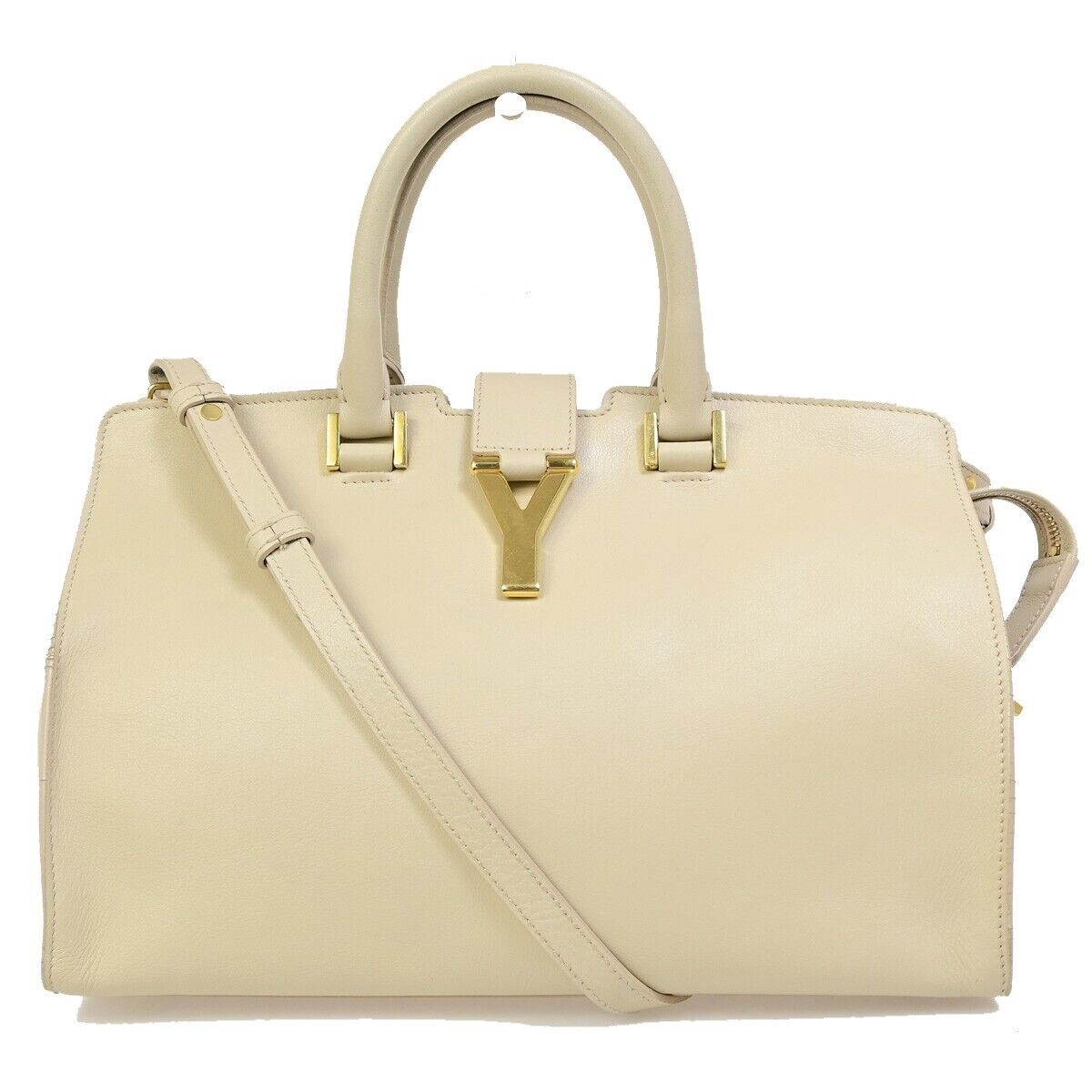 SAINT LAURENT  Logo Classic Y Cabas 2 Way Hand Bag Leather Beige Gold 72EB672