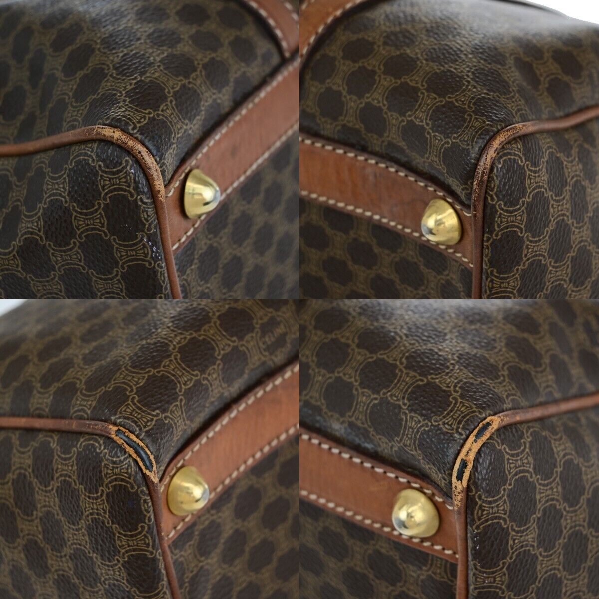 CELINE Macadam Pattern Travel Hand Bag PVC Leather Brown Gold Italy 05ED370