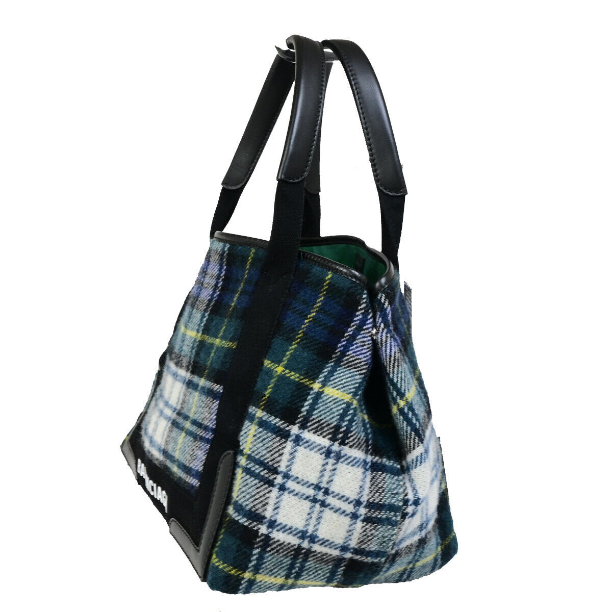 BALENCIAGA Navy Cabas S Hand Tote Bag Check Wool Leatehr Green Black 34RK296