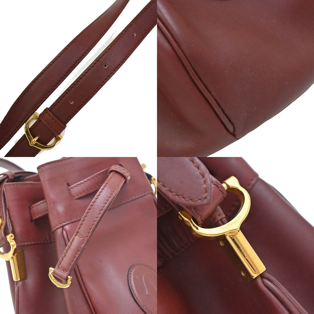 MUST DE CARTIER 2C Logo Drawstring Shoulder Bag Leather Red Gold 38EE280