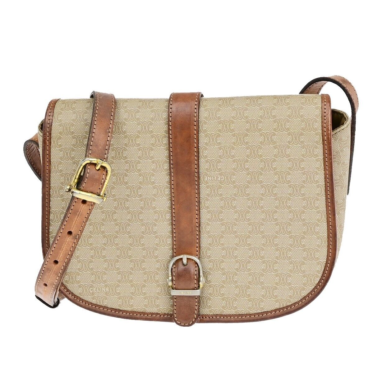 CELINE Logo Macadam Pattern Shoulder Bag PVC Leather Beige Italy 04EB477