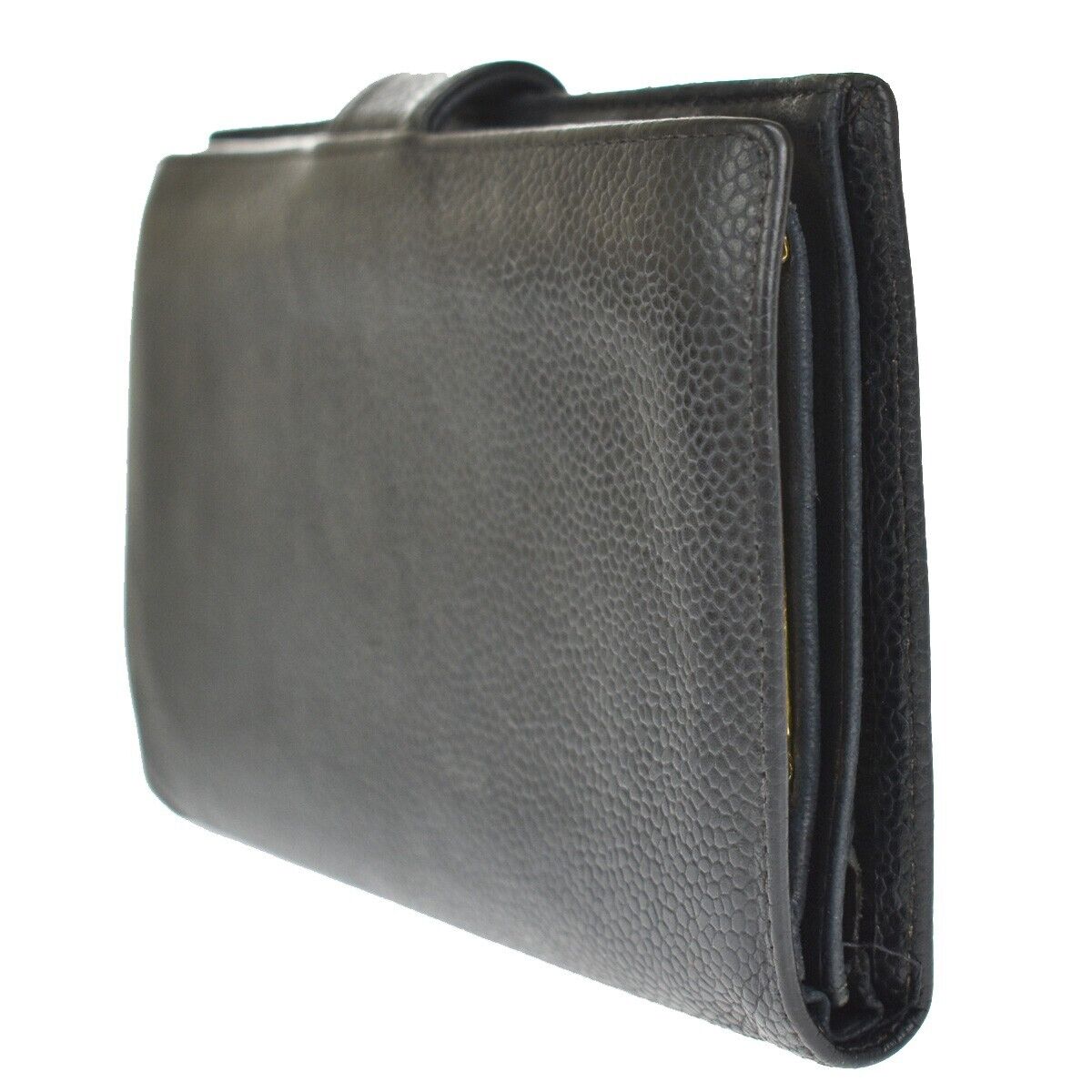 CHANEL CC Logo Long Bifold Wallet Purse Caviar Skin Leather Black GHW 61SH440