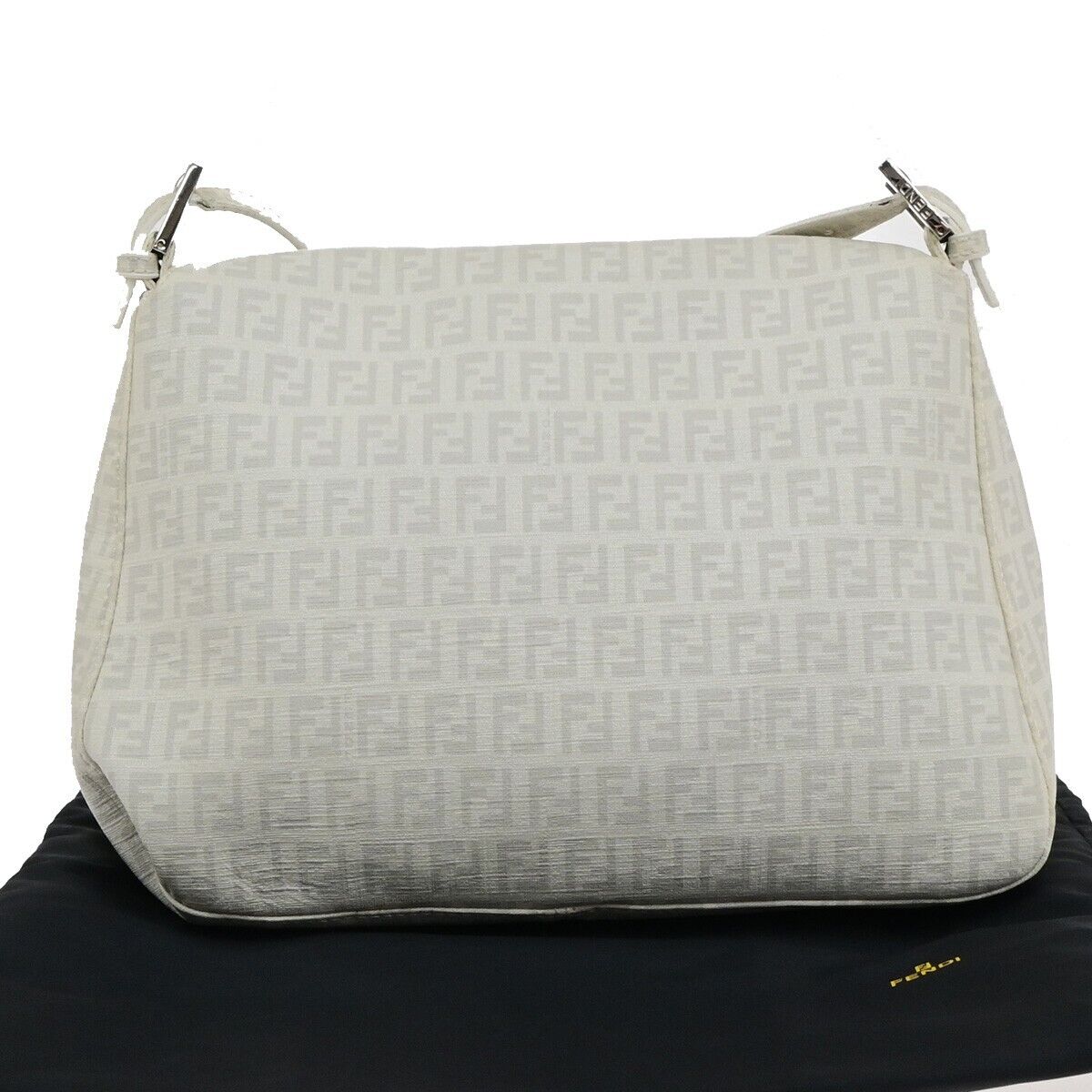 FENDI Logo Mamma Zucchino Pattern Chain Shoulder Bag PVC White Silver 18KA550