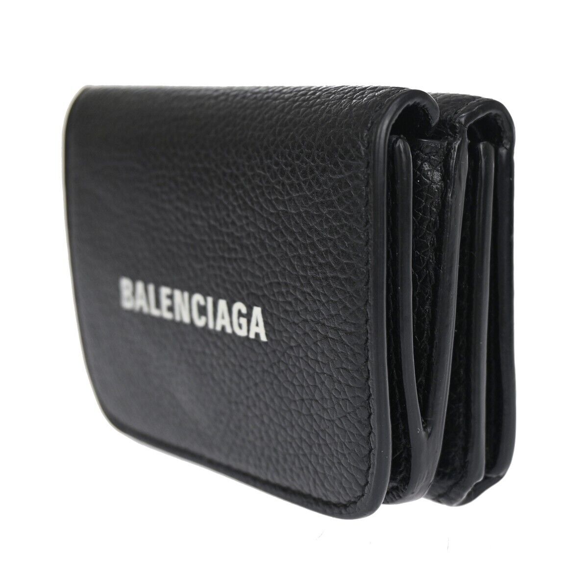 BALENCIAGA Logo Everyday Mini Trifold Wallet Purse Leather Black Italy 64HB612