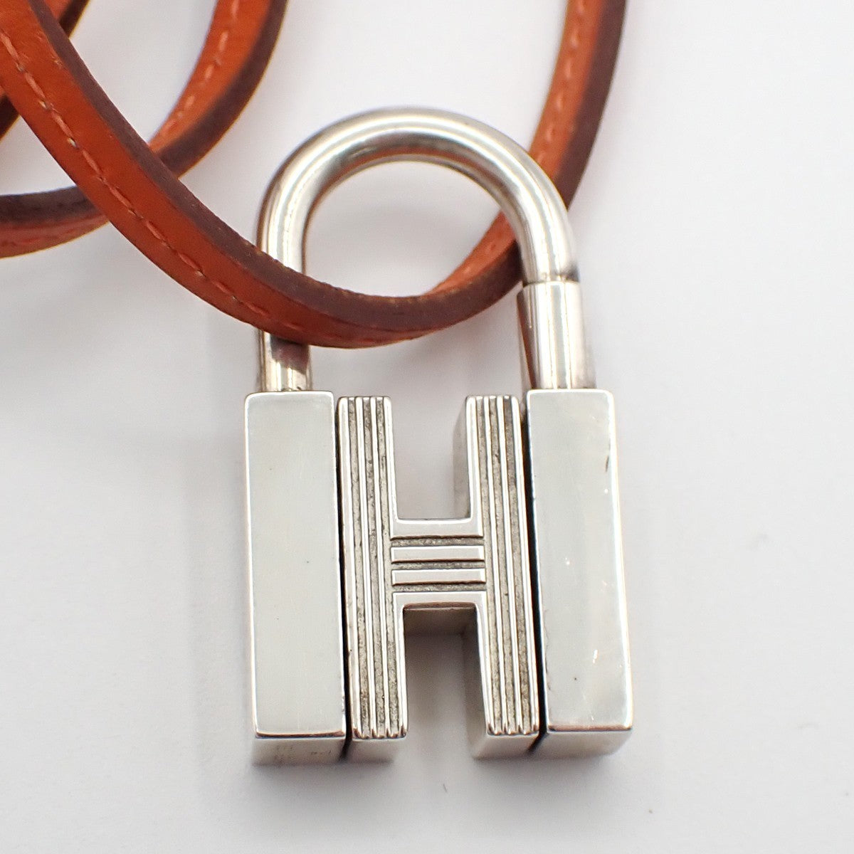 HERMES H Logo Necklace Touareg Pendant Leather Silver Brown Accessory 36RL753