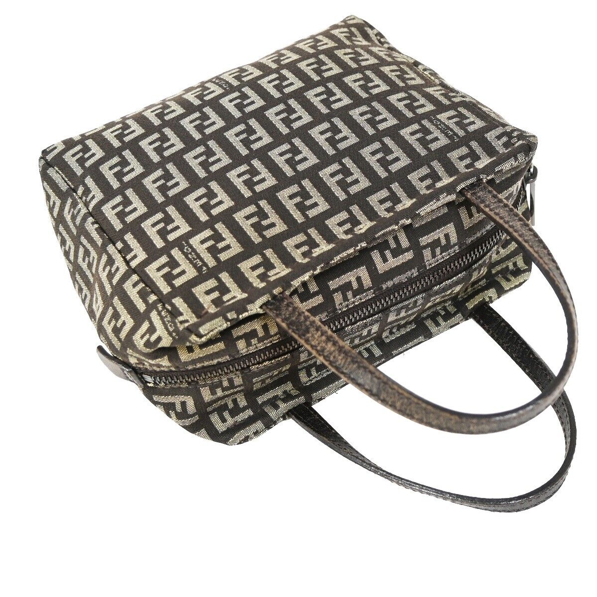 FENDI Logo Zucchino Mini Hand Bag Canvas Leather Brown Silver Italy 61HB935