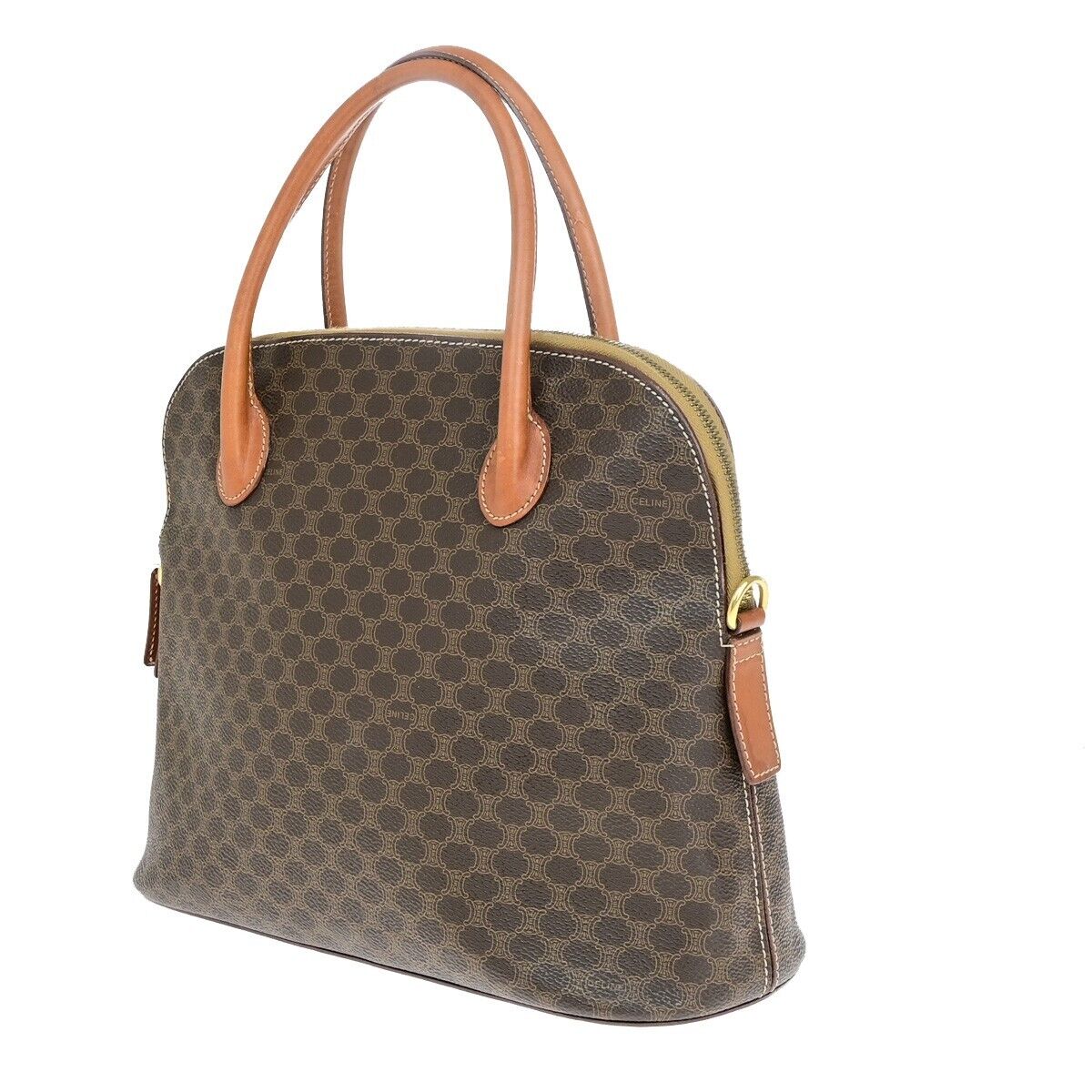 CELINE Logo Macadam Pattern Hand Bag PVC Leather Brown Gold Italy 64EB492