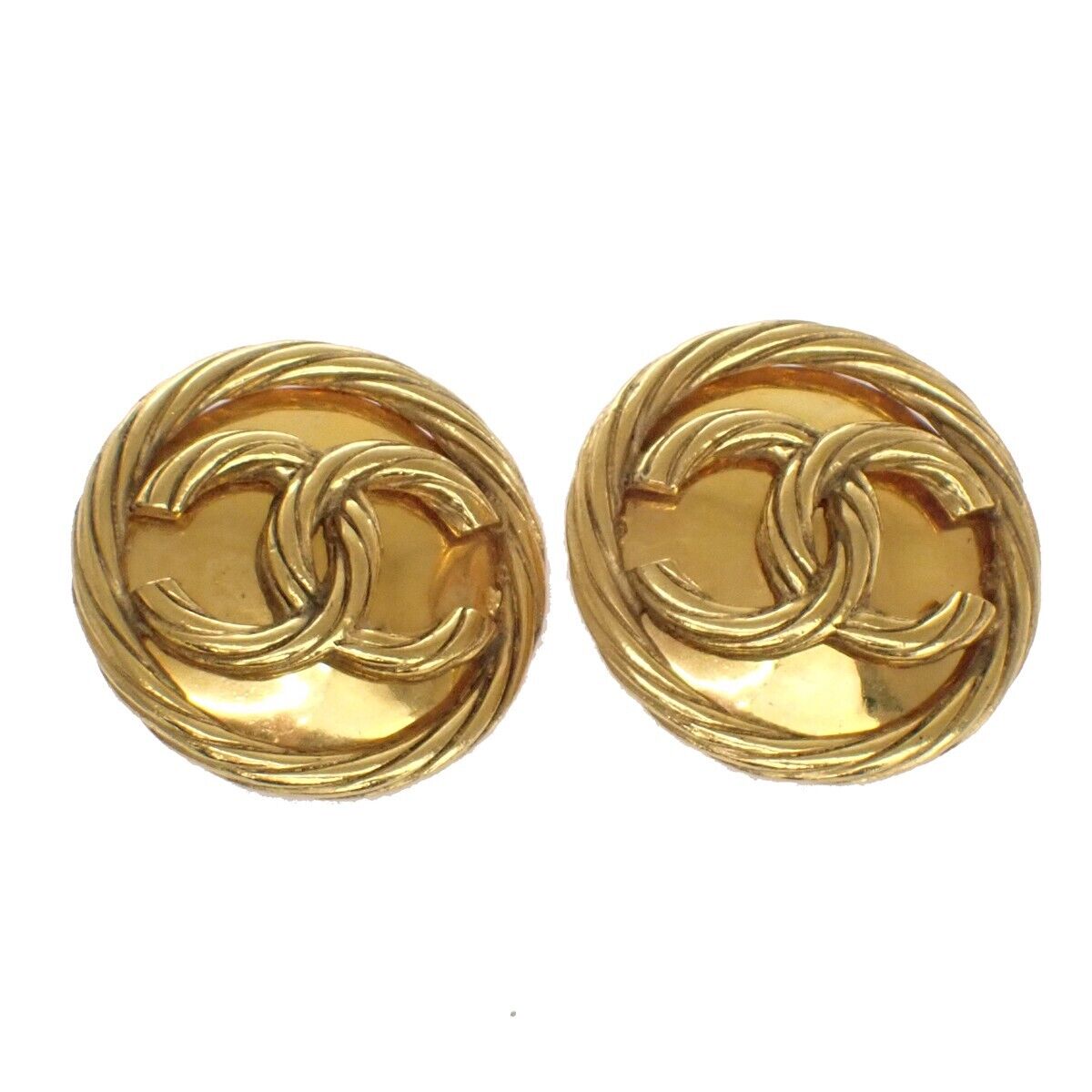 CHANEL CC Logo Round Button Earrings Clip-On 93P GHW Vintage Accessory 86EA349