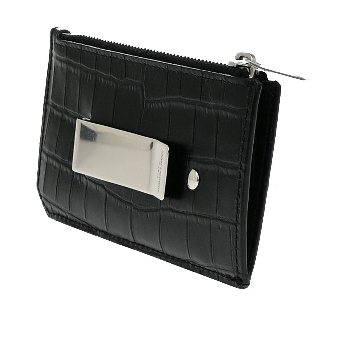 SAINT LAURENT Logo Compact Card Case Coin Wallet Embossing Leather Black 62EE084