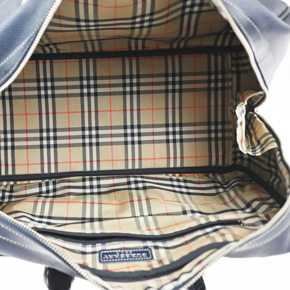 BURBERRY Golf Logo Nova Check Pattern Boston Bag Leather Navy Beige SHW 05CB019