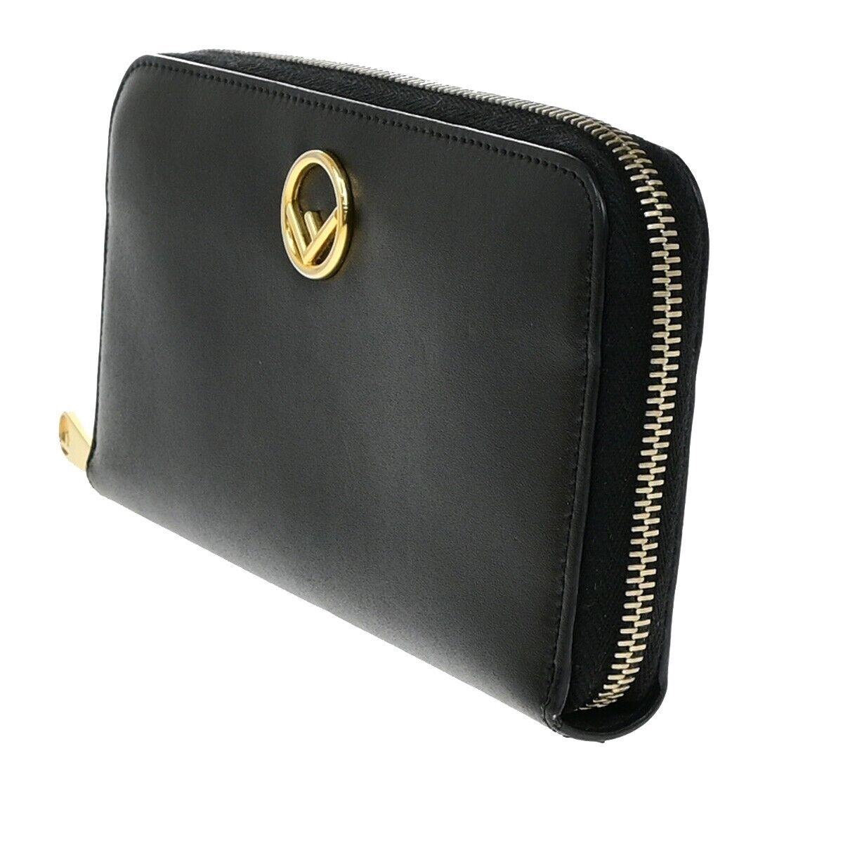 FENDI Logo Zipper Long Around Wallet Leather Black Italy 61EE083