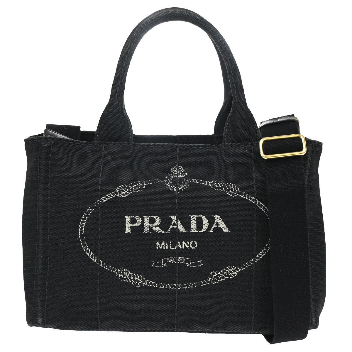 PRADA Logo Canapa 2Way Shoulder Hand Bag Canvas Leather Black GHW 77KB733