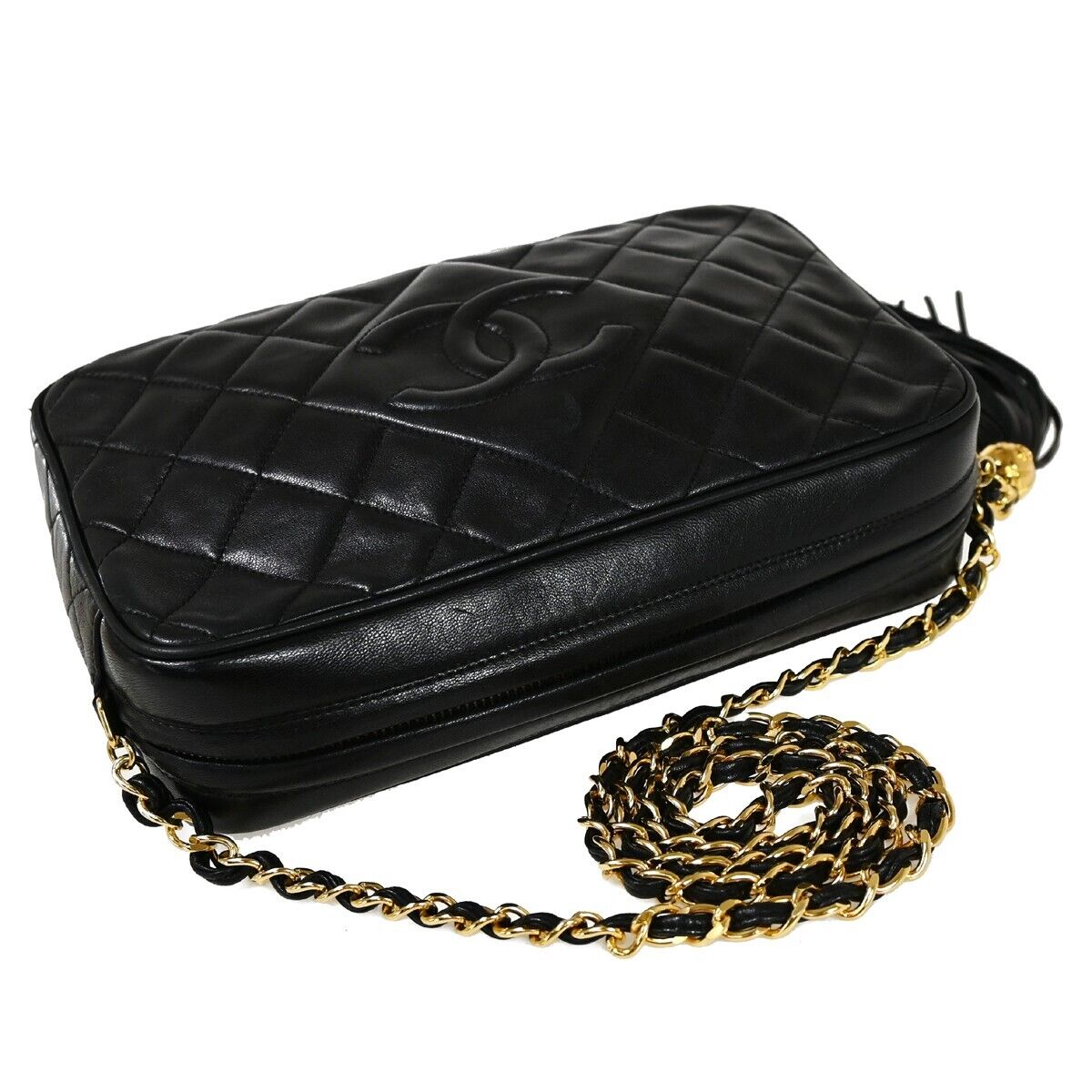 CHANEL CC Matelasse Fringe Chain Shoulder Bag Leather Black GHW Vintage 342RH983