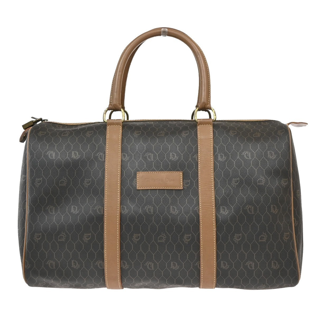CHRISTIAN DIOR Logo Honeycomb Hand Bag PVC Leather Brown Black GHW 31PA021