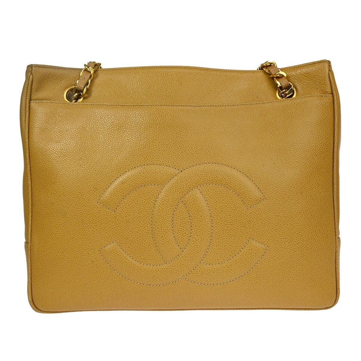 CHANEL CC Logo Chain Shoulder Bag Caviar Skin Leather Beige GHW Vintage 330RH771