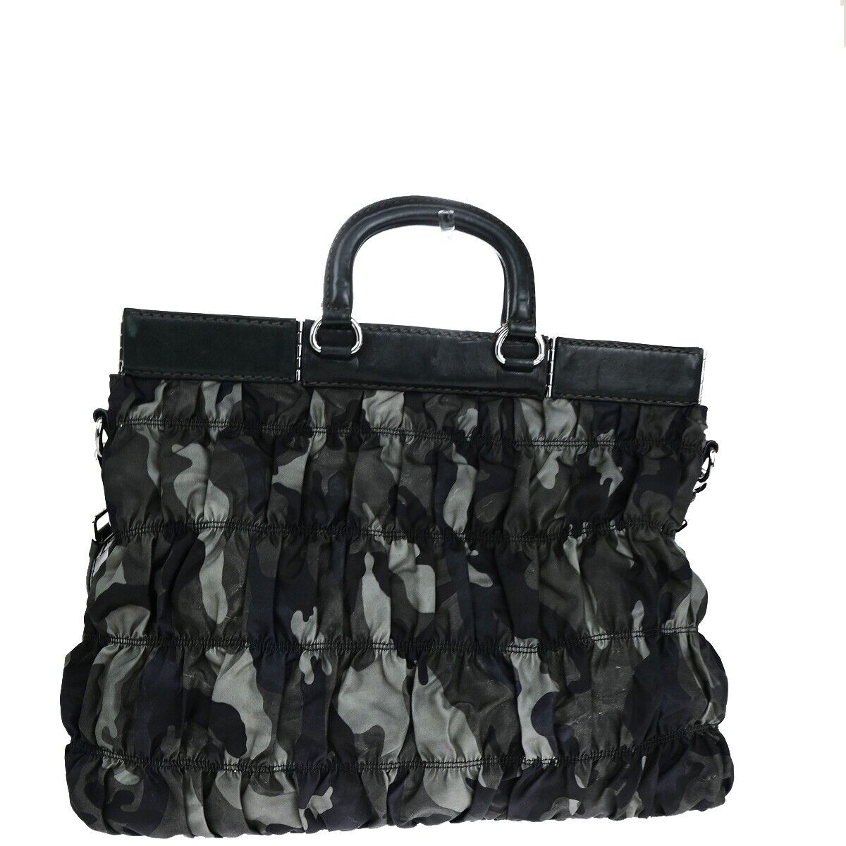 PRADA Logo 2Way Hand Shoulder Bag Nylon Leather camouflage Khaki silver 70SH963