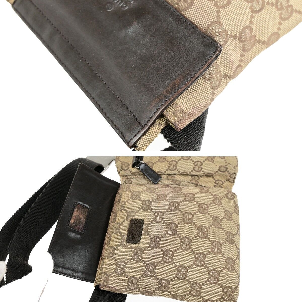 GUCCI Logo GG Pattern Bum Bag Belt Canvas Leather Brown Silver Italy 30ED208