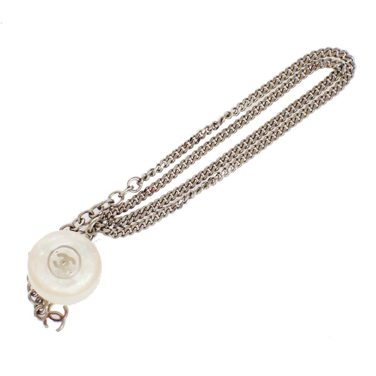 CHANEL CC Logo Chain Necklace Ball Pendant Plastic Silver Accessory 30GA772