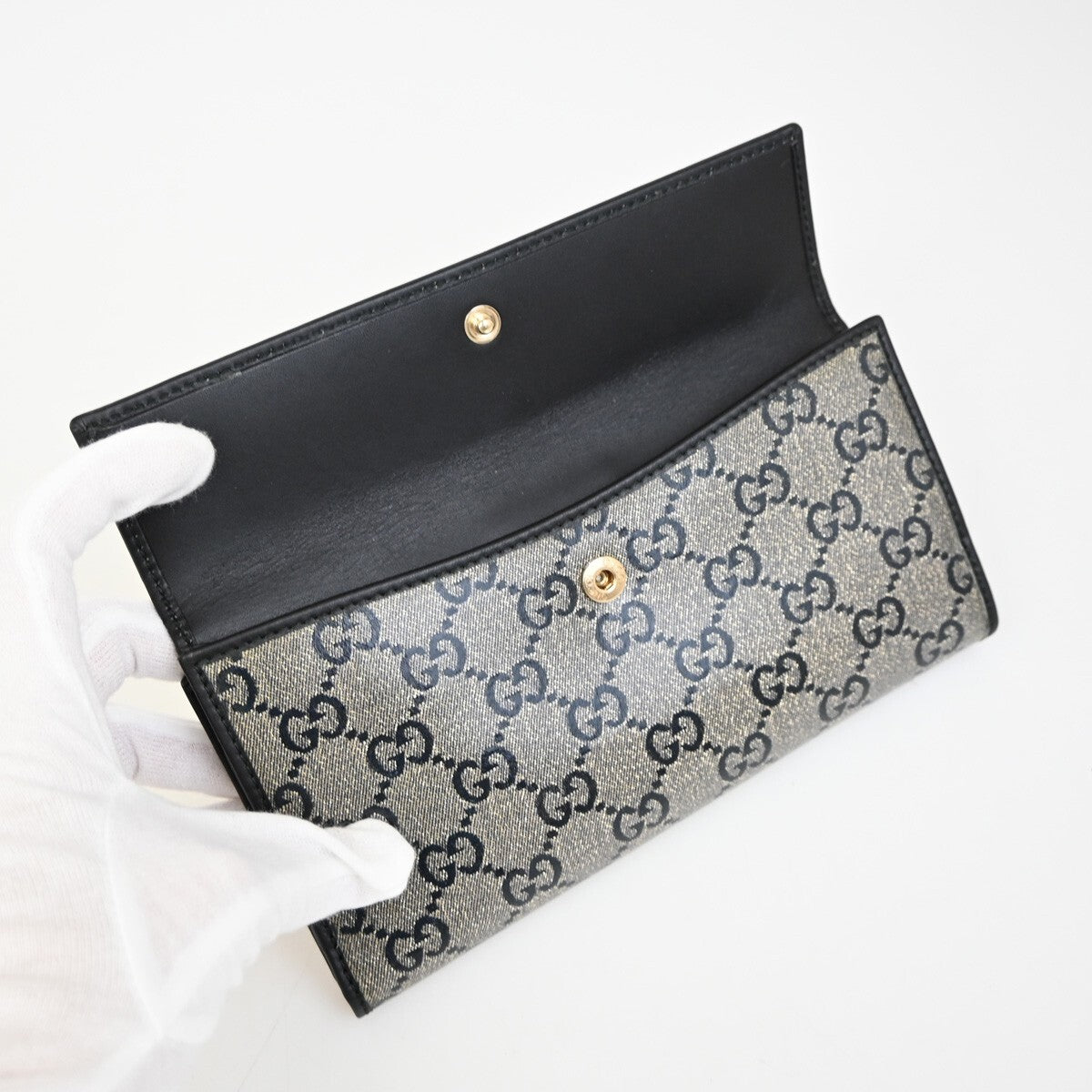 GUCCI Crystal GG Pattern Long Wallet Coating Canvas Leather Black GHW 86RF275