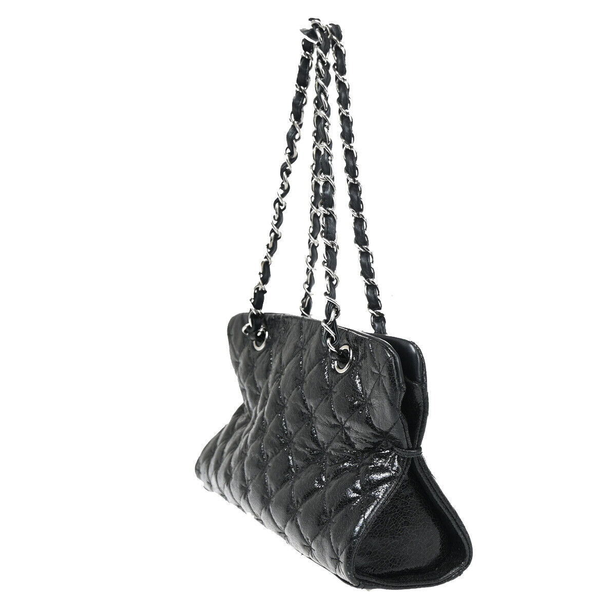 CHANEL Logo 2.55 Chain Shoulder Bag Patent Leather Black SHW 691RJ755