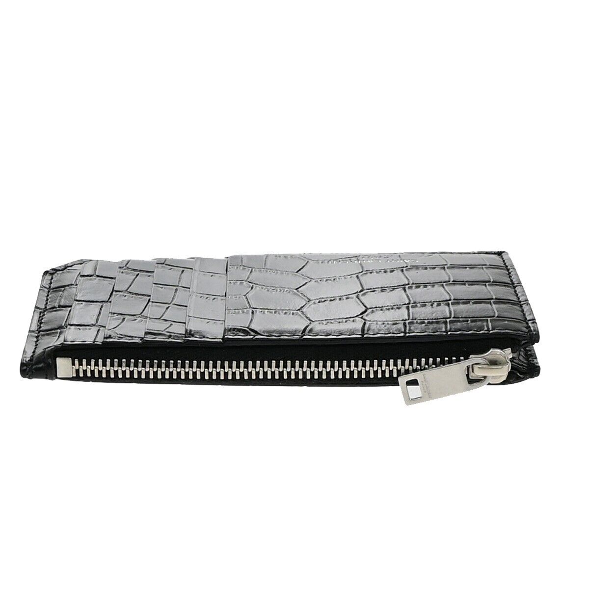 SAINT LAURENT Logo Compact Card Case Coin Wallet Embossing Leather Black 62EE084