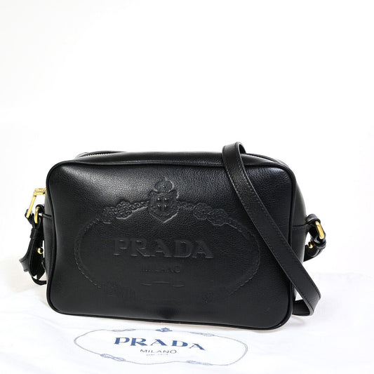 PRADA MILANO Embossed Logo Crossbody Shoulder Bag Leather Black GHW 690RJ975