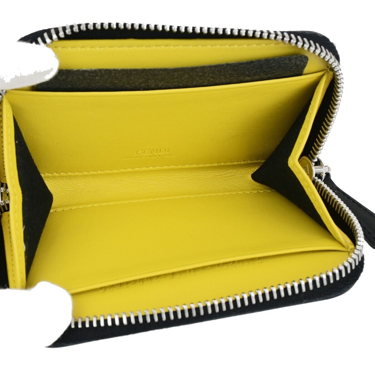 FENDI Logo Coin Case Wallet Purse Leather Black Yellow Silver Italy 36RK788