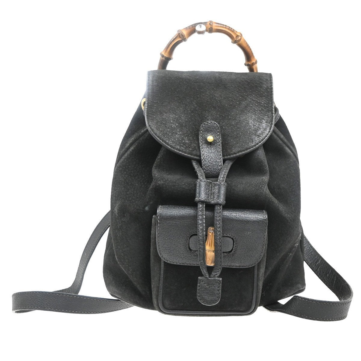 GUCCI Logo Bamboo Backpack Bag Suede Drawstring Black Italy 61EG169