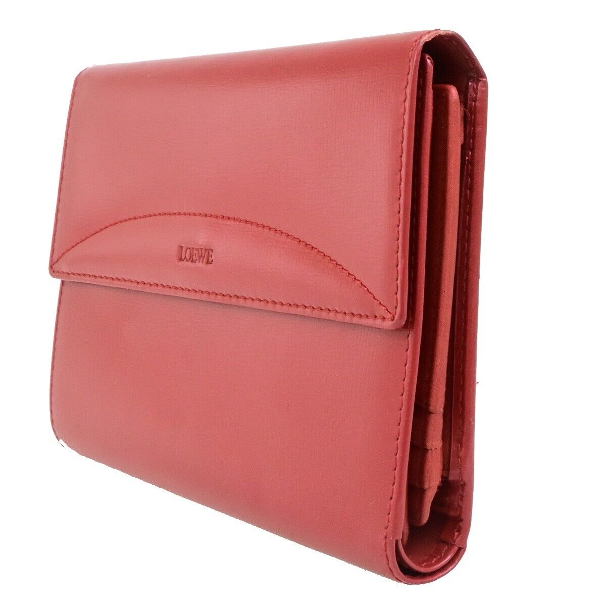 LOEWE Logo Trifold Wallet Purse Leather Red Made In Spain 66FB291