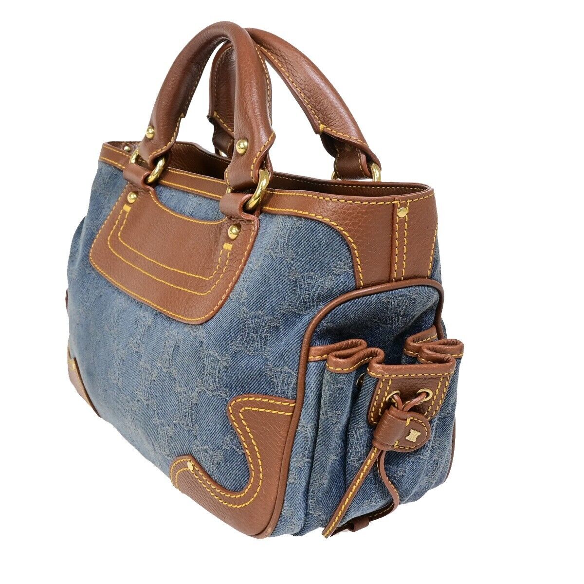 CELINE Logo Macadam Pattern Hand Tote Bag Denim Leather Brown 86FB086