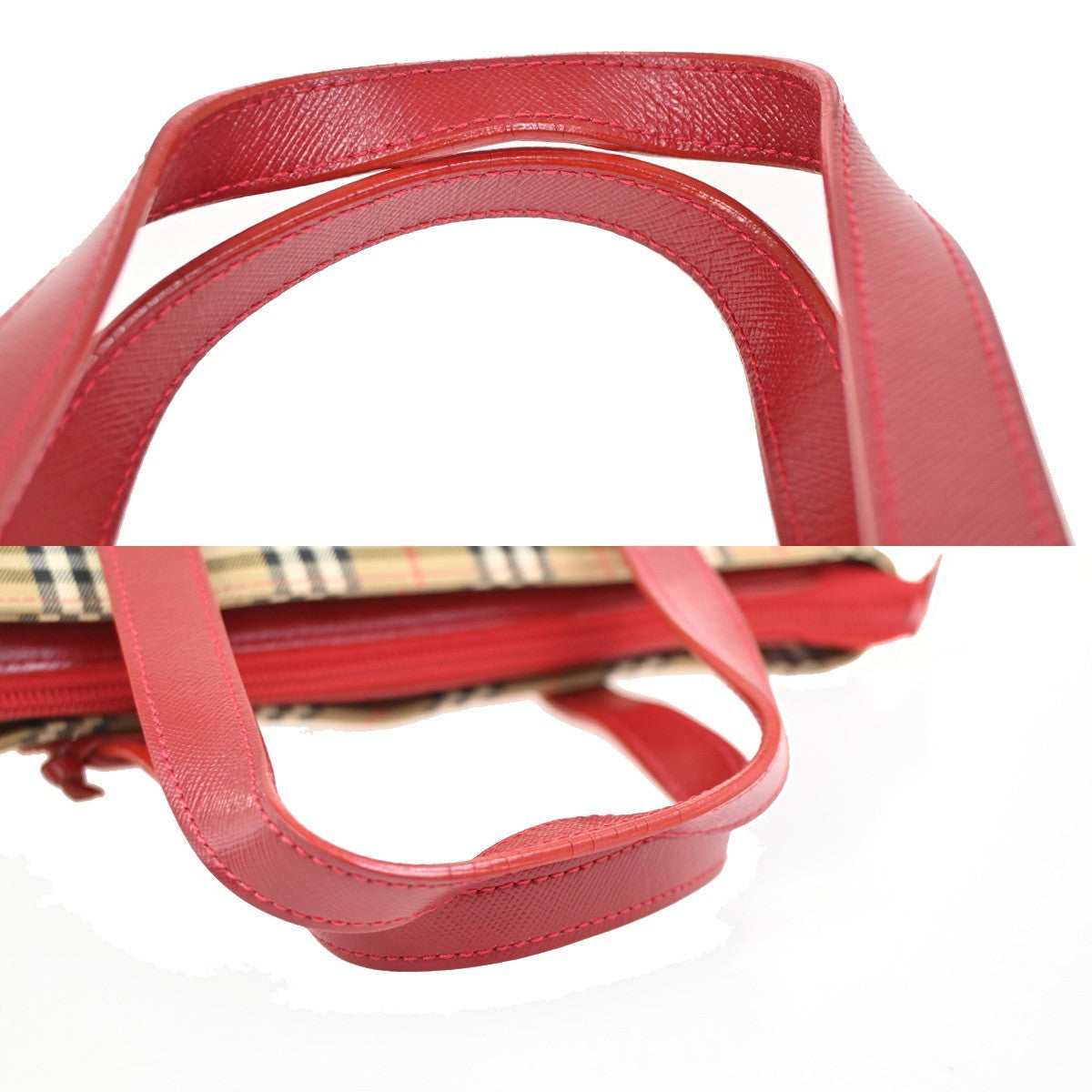 BURBERRY Nova Check Hand Bag Canvas Leather Beige Red GHW 62KC545