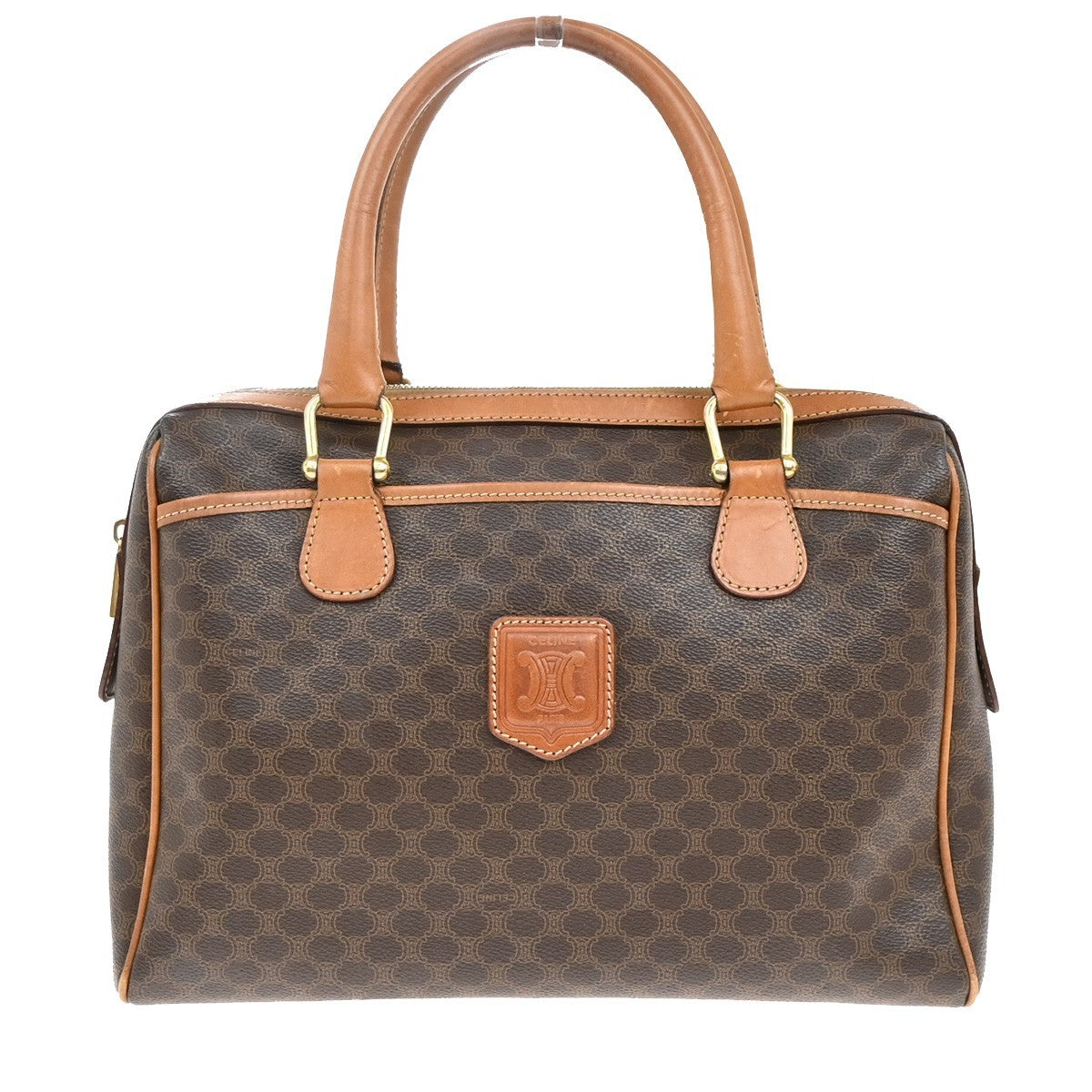 CELINE Logo Macadam Pattern Travel Hand Boston Bag PVC Leather Brown 69KB421