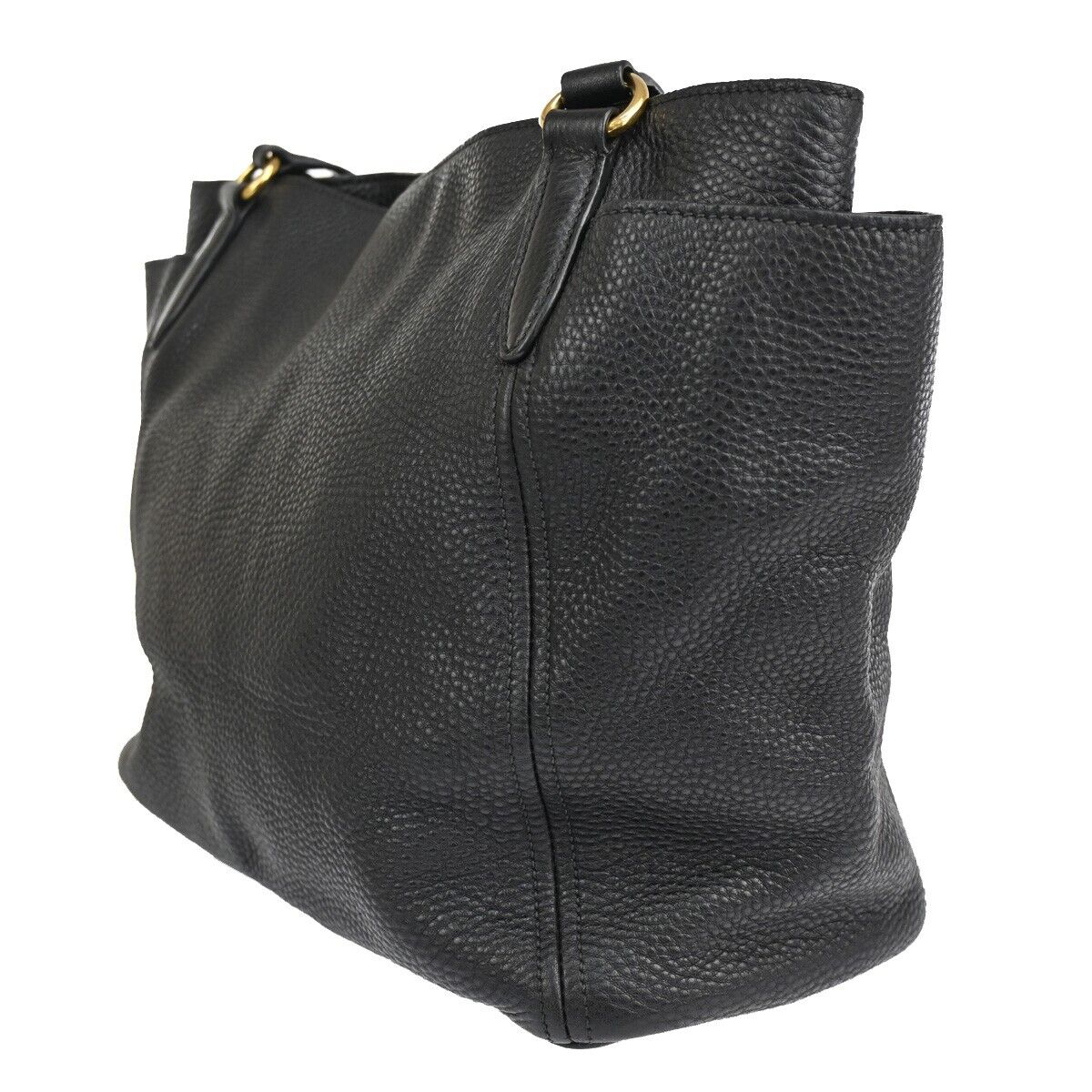 PRADA Logo Shoulder Tote Bag Leather Black Gold Made in Italy 93EA812