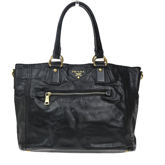 PRADA MILANO Logo Shoulder Tote Hand Bag Leather Black GHW 70KP260