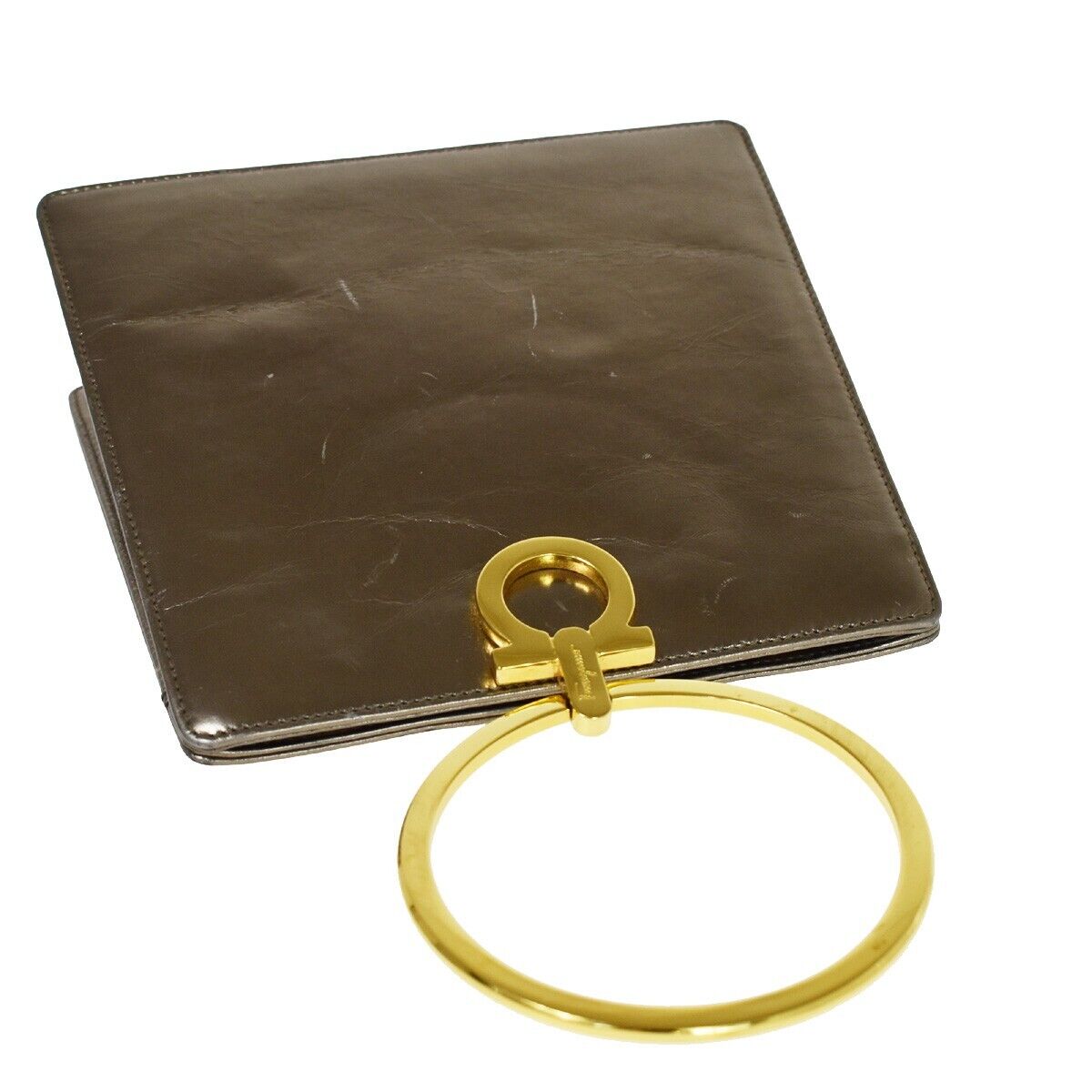 SALVATORE FERRAGAMO Gancini Metal Handle Clutch Hand Bag Leather Gold 62EA805