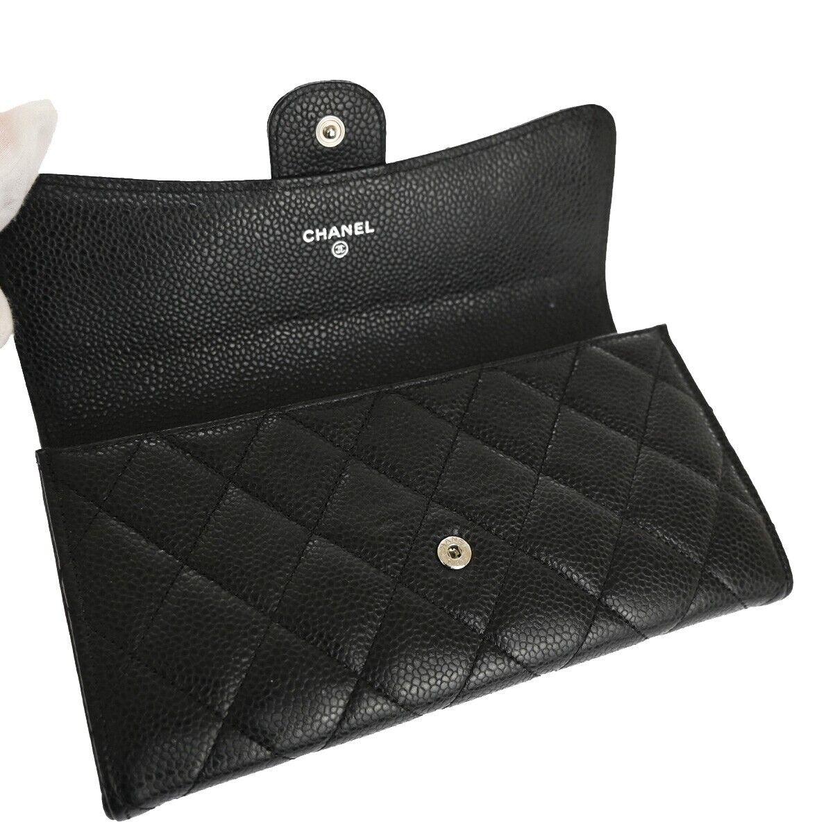"CHANEL CC Matelasse Long Bifold Wallet Purse Caviar Leather Black SHW 41RJ205