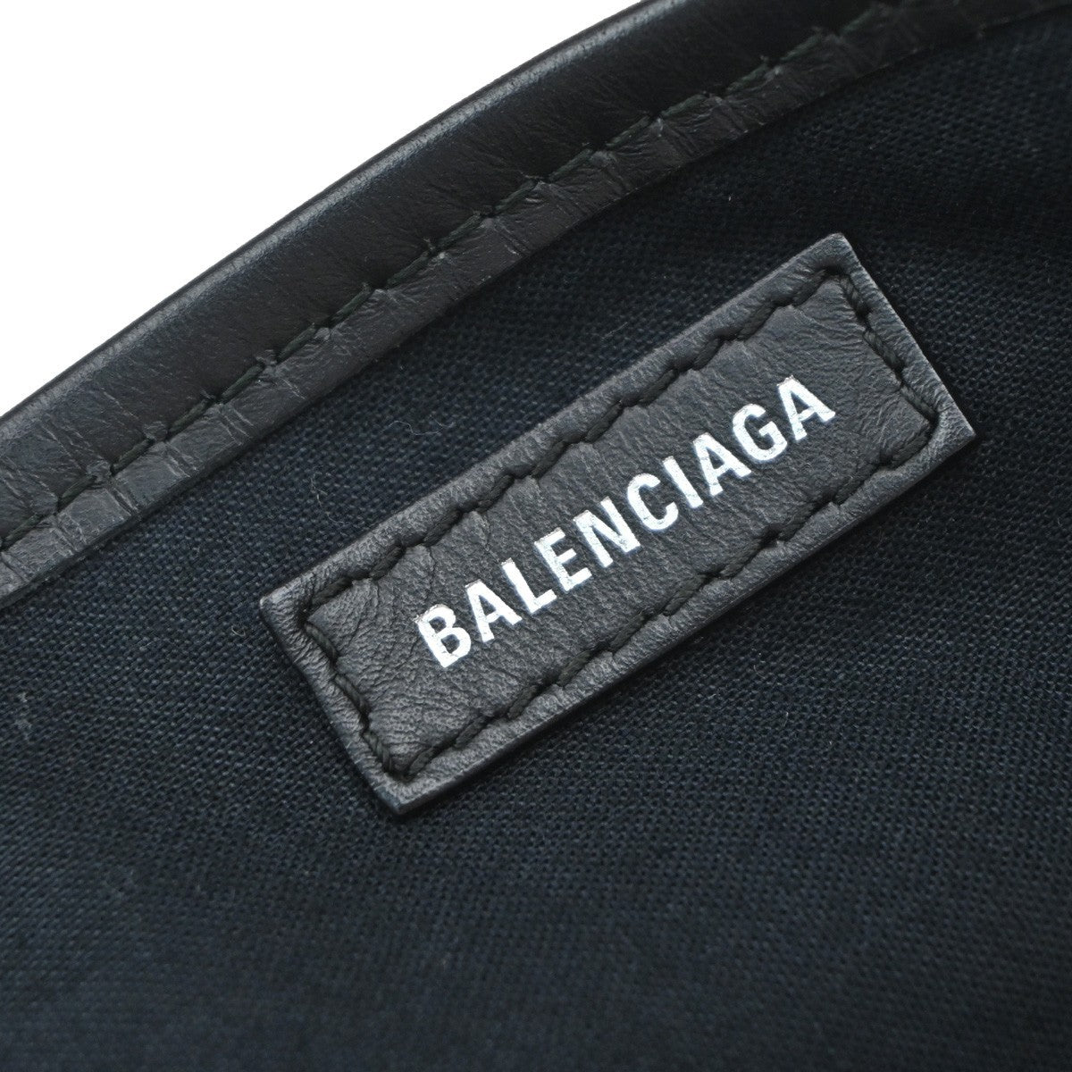 BALENCIAGA Logo Navy Cabas S Hand Tote Bag Canvas Leather Black White 34EF266