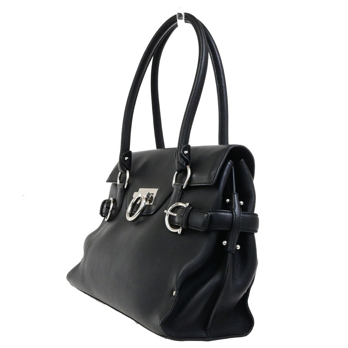 SALVATORE FERRAGAMO Logo Gancini Shoulder Bag Leather Black SHW Italy 31KA536